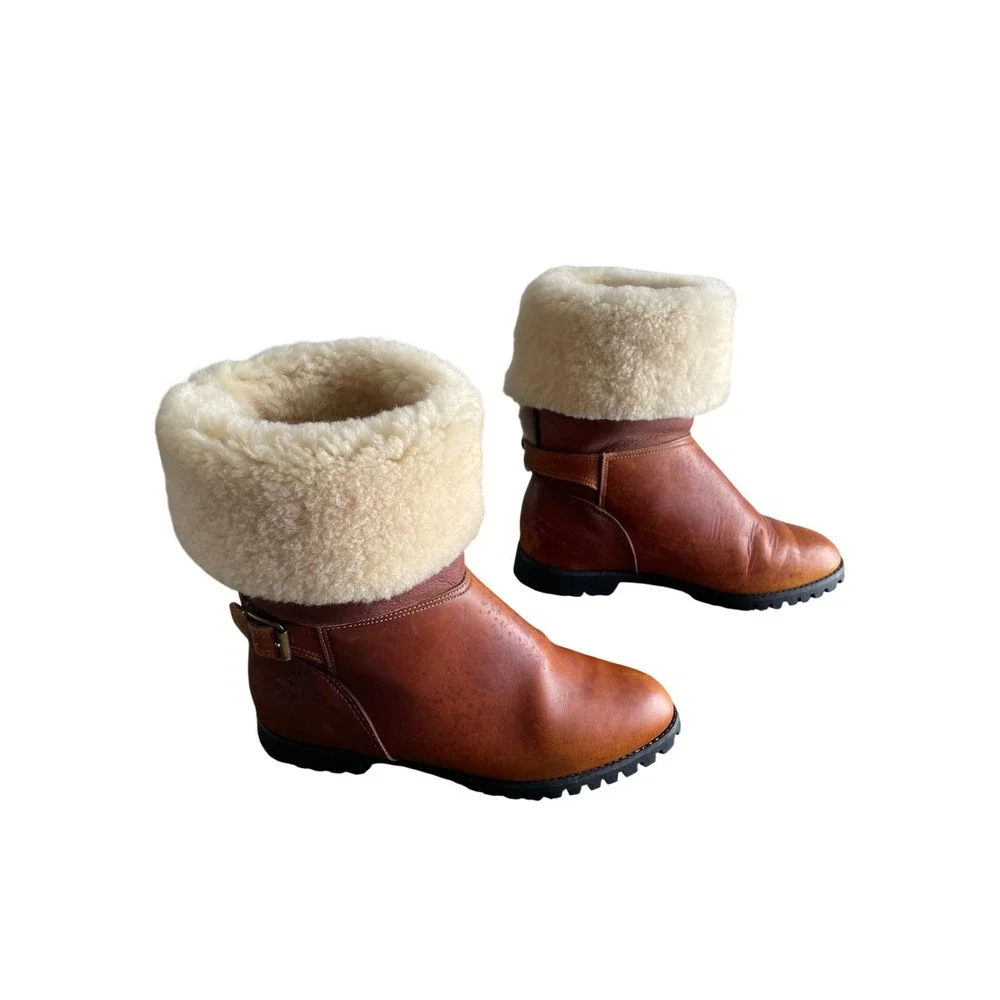 Timberland Vtg 90's Shearling Lined Leather Boots Cognac Made in USA Womens 6.5M